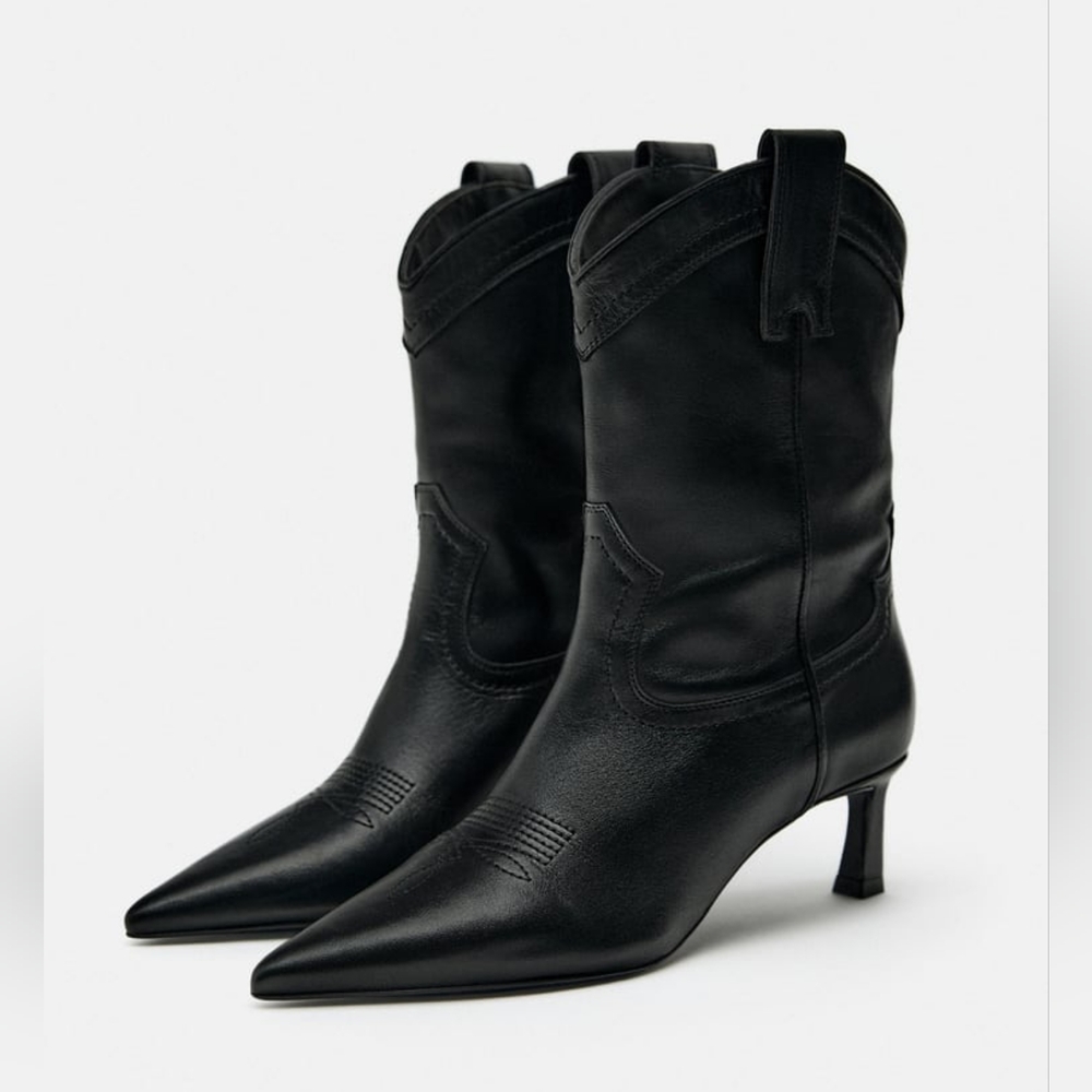 ZARA LEATHER COWBOY HEELED ANKLE BOOTS